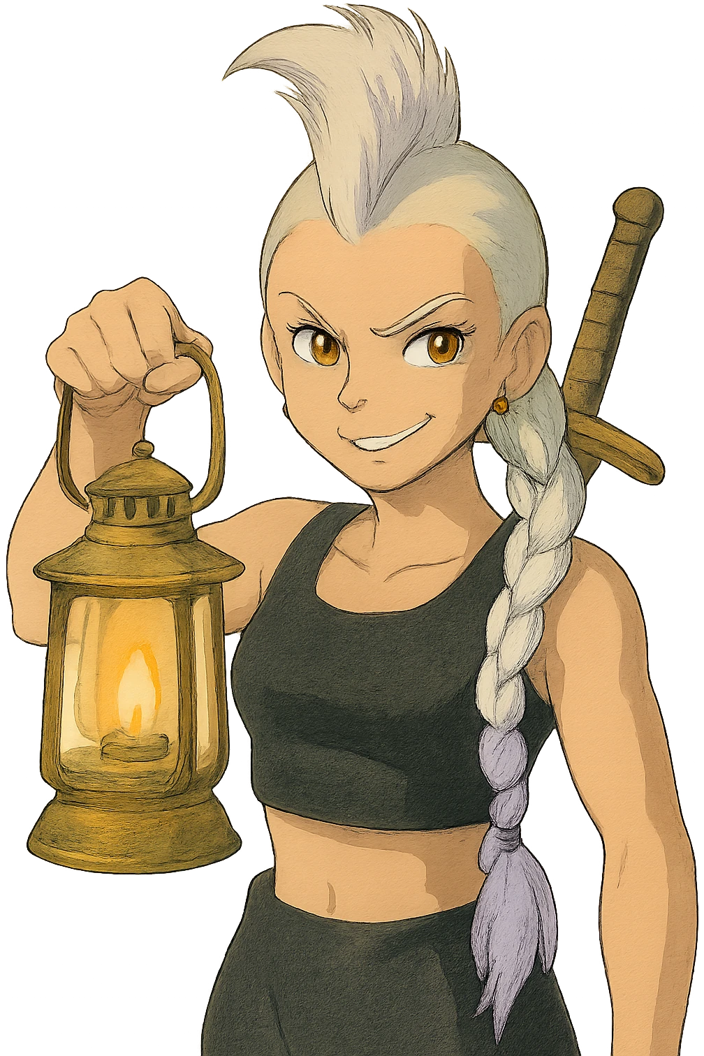 A sword maiden, mohawk, long braid white hair with lavender tips, gold yellow eyes, black crop top, brandishing a lantern. Mischievous smirk emoji