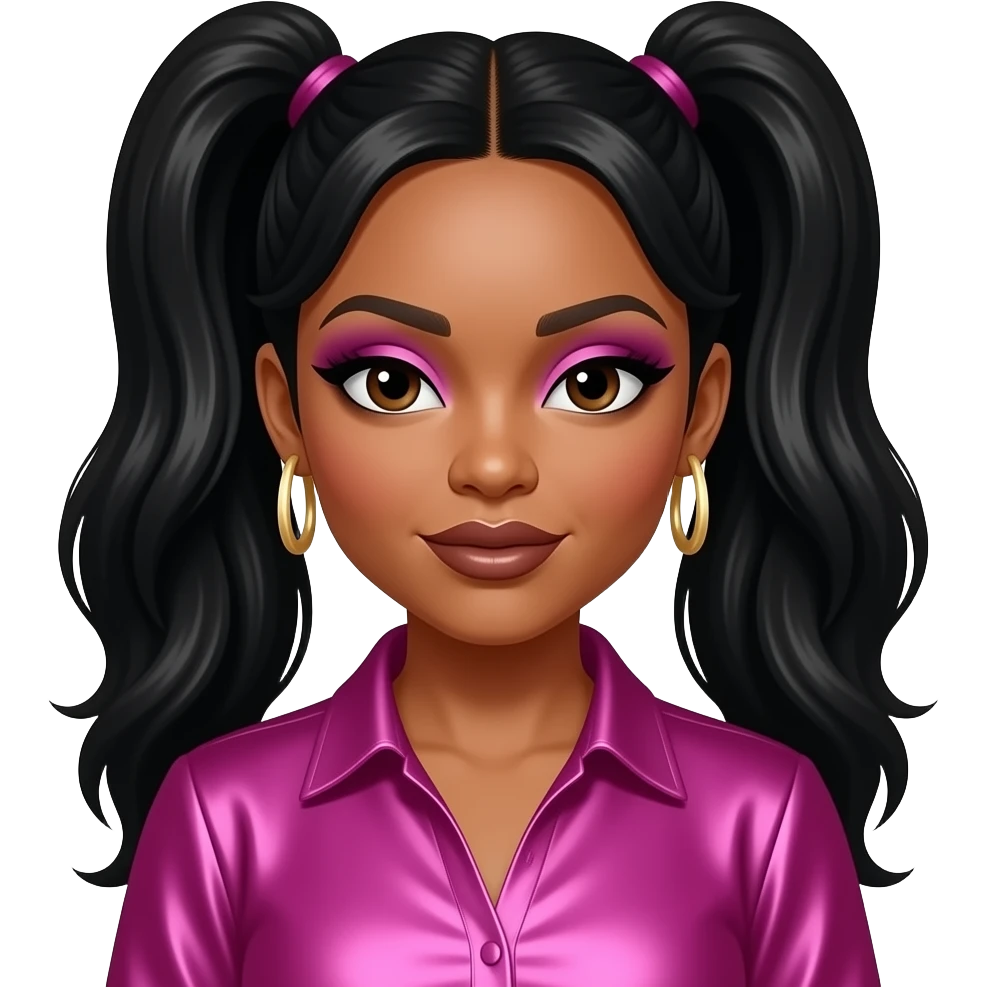 Rozonda Chilli Thomas from TLC with dark brown eyes, long black two high ponytail hair, fuchsia eyeshadow, brown lipstick, fuchsia metallic blouse, earrings emoji