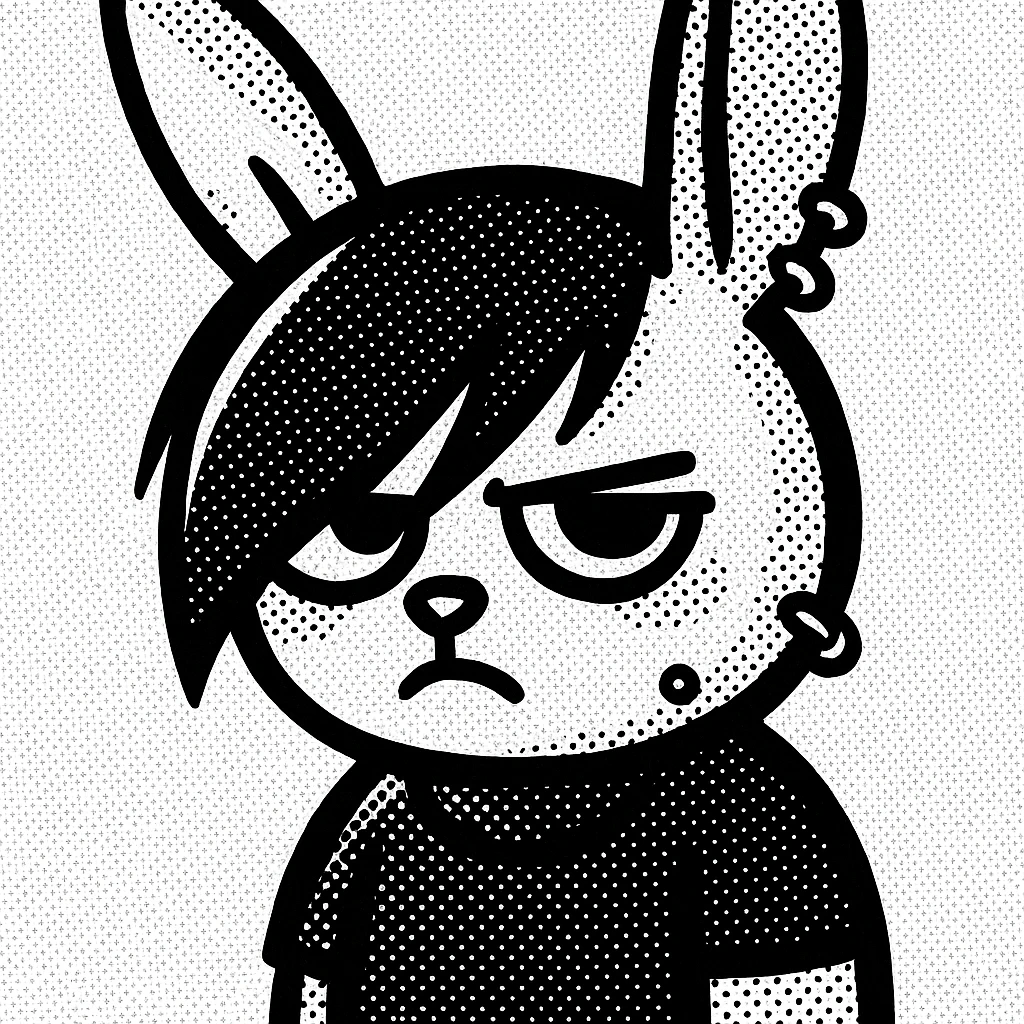 emo bunny, black and white, side-swept bangs, piercings, moody expression emoji