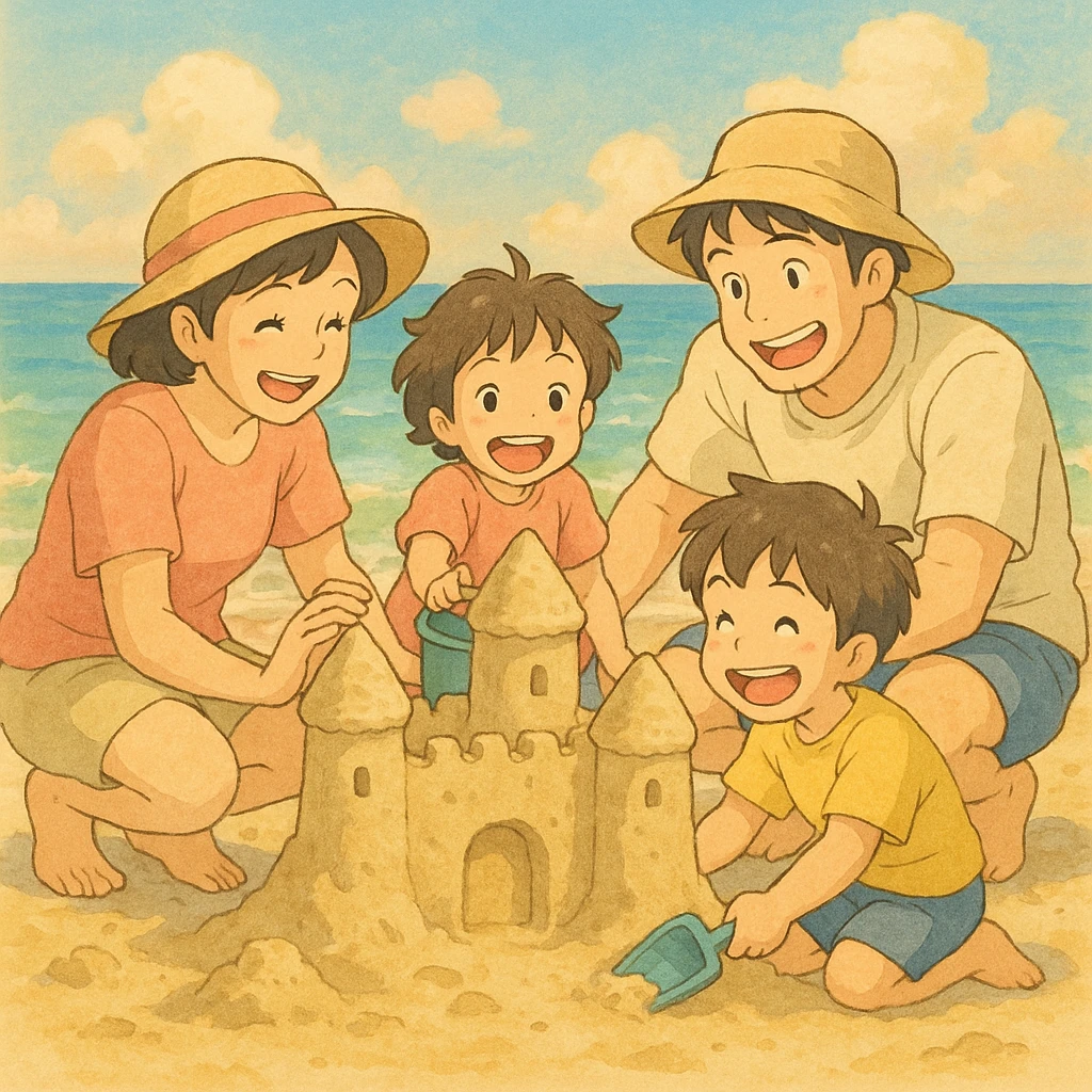 family building a sandcastle, ghibli style emoji