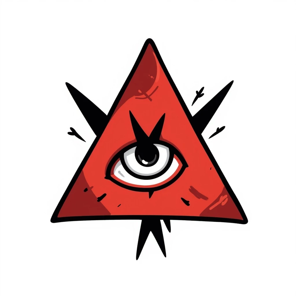 jagged blood-red triangle with a stylized glowing eye in the center, FOE symbol, black doodle style emoji
