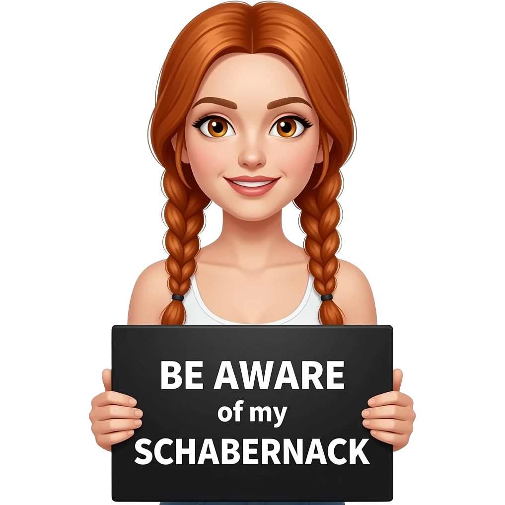 sexy girl with long ginger braids and ginger eyes wearing a white tanktop is holding a black sign with BE AWARE of my SCHABERNACK written on it emoji