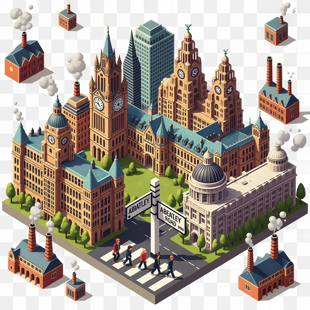 Isometric illustration of Manchester and Liverpool combined, featuring Beatles references (Abbey Road sign), Manchester Town Hall, toy-style factories, balanced between stylized painting and realistic, transparent background emoji