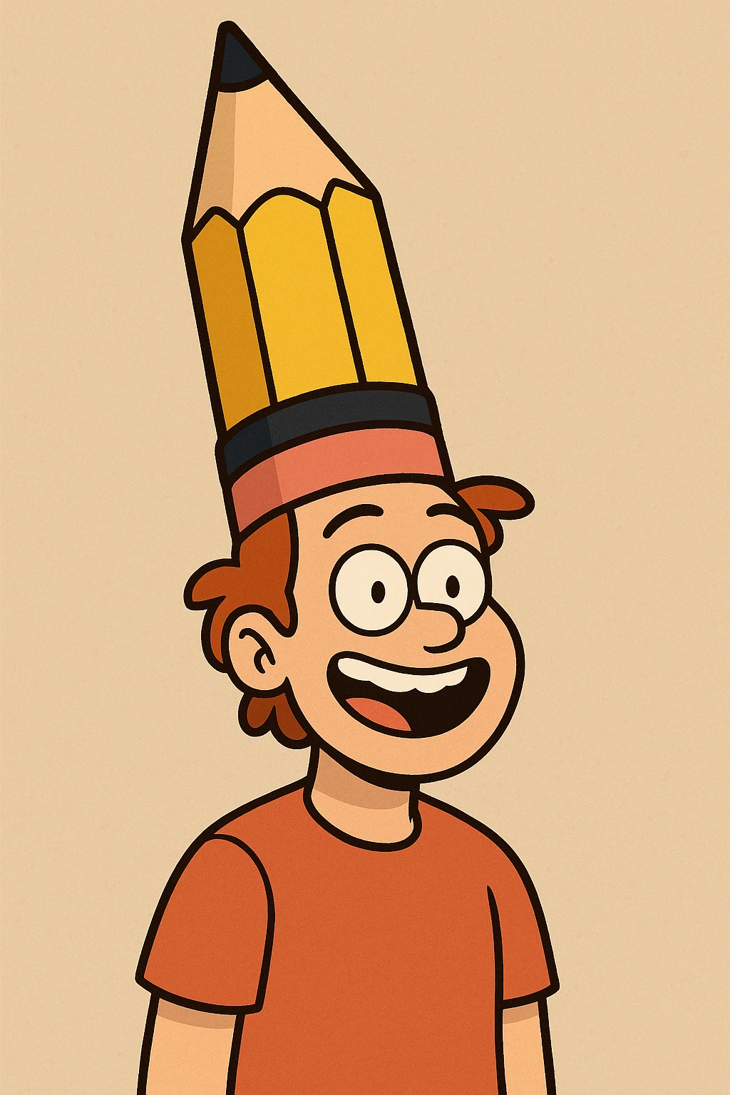 a person smiling, wearing a tall pencil hat, simple illustration, cartoon style, colorful, fun emoji
