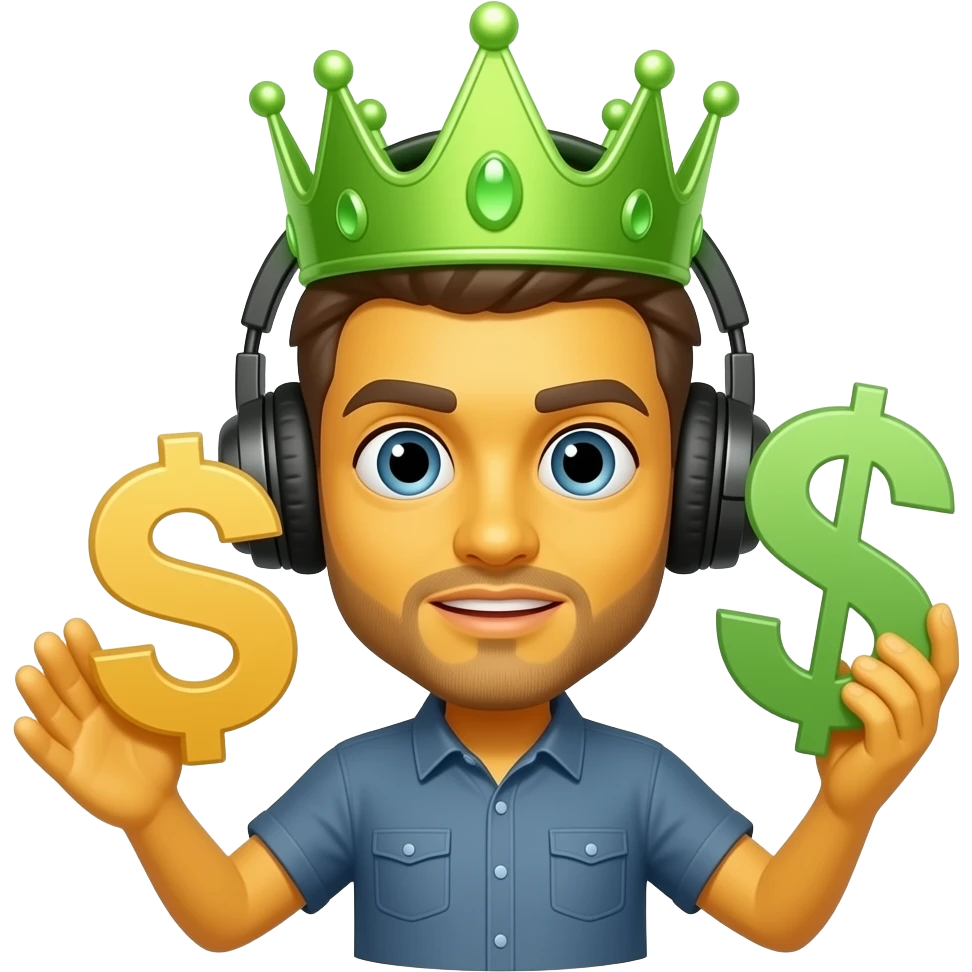 Yellow face emoji with eyes with a crown green tinge out with money symbol with headphones on emoji