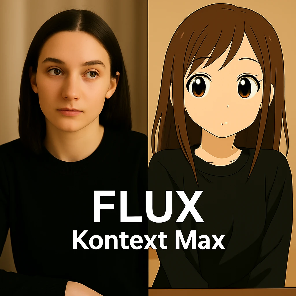 same similar image but chnage the text to "Flux Kontext Max", change people and pose too emoji