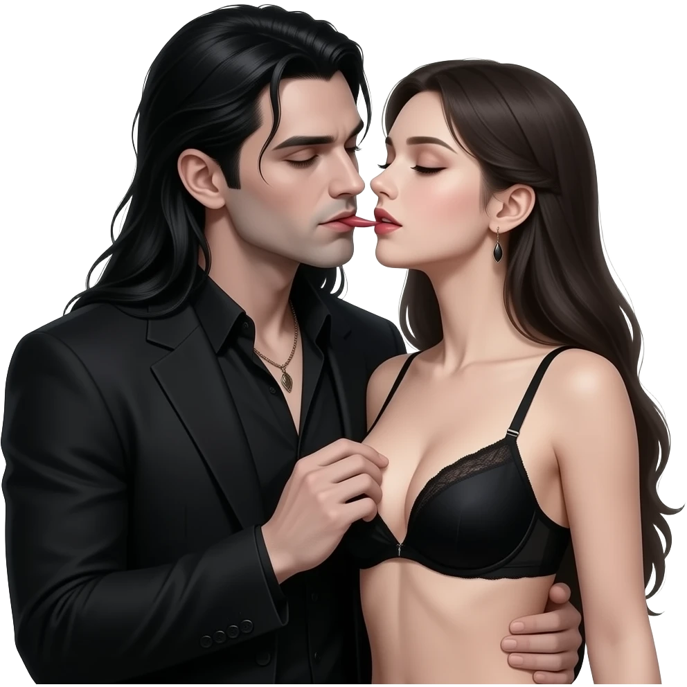 Gothic dark man  biting a womans nipple softly. Let the woman wear black lingerie Realistic. Fantasy emoji