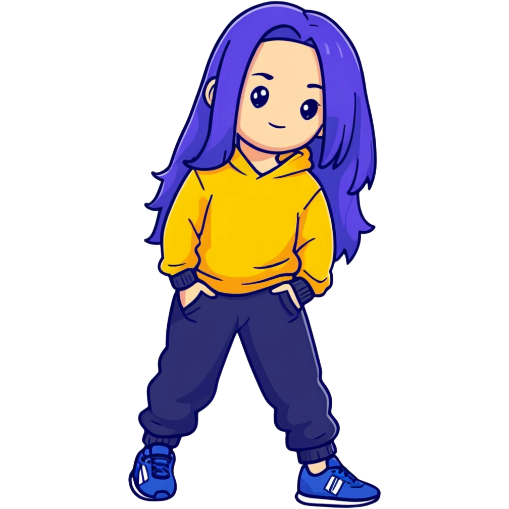 female with slim hourglass shaped body, purple long hair, wearing a blue sweater, dark blue sweatpants, and black sneakers, full body view emoji