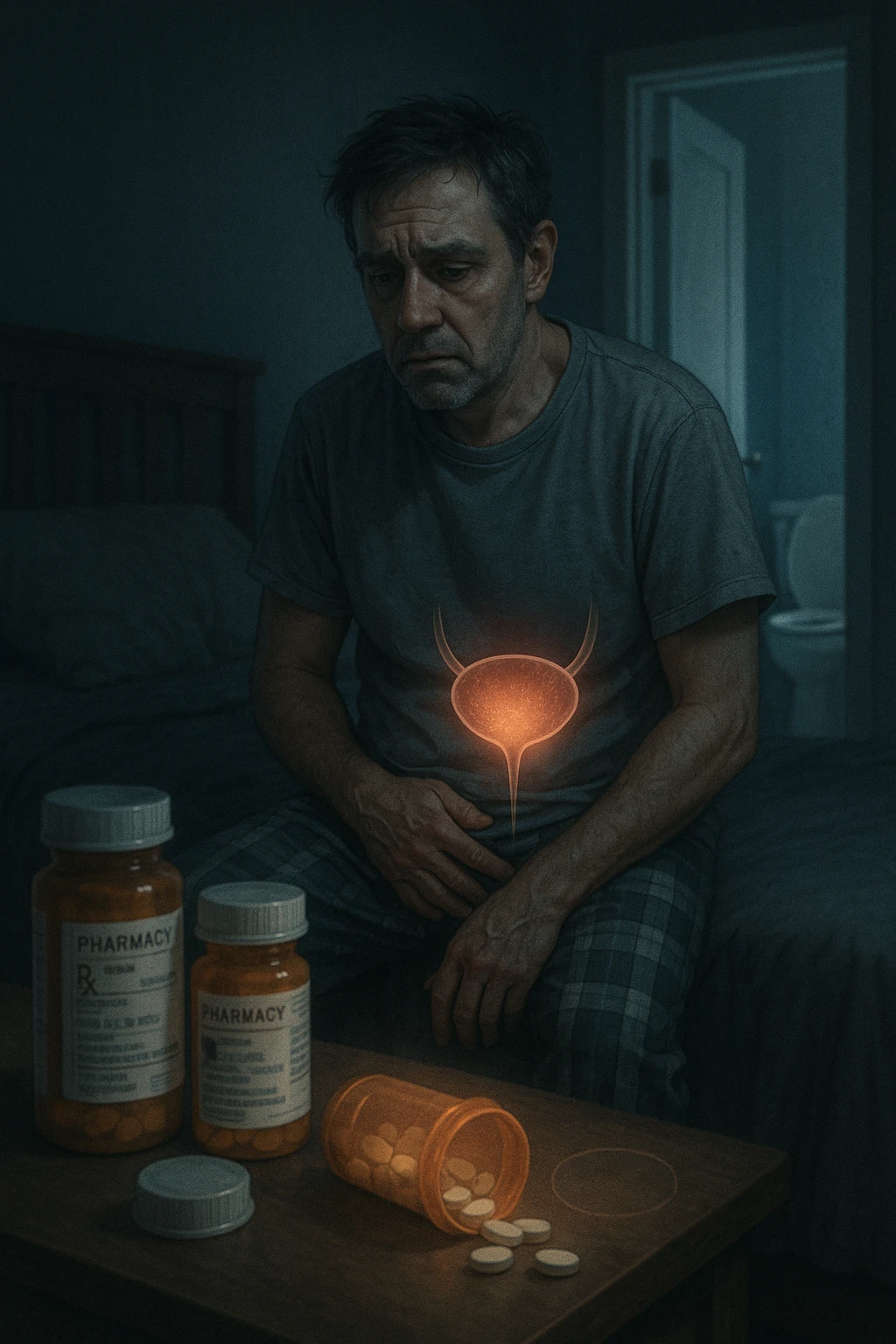 A middle-aged man sits on the edge of his bed in a dimly lit bedroom, looking exhausted and frustrated. On the nightstand beside him are several prescription pill bottles, loosely organized, some open — suggesting long-term medication use. In the background, the bathroom door glows softly, partially open, with a faint reflection of the toilet visible, indicating frequent nighttime trips. The man wears a loose T-shirt and pajama pants, his posture slightly curved as he gently touches his lower abdomen, symbolizing bladder discomfort. His eyes have dark circles, his expression is drained. The color palette is muted blues and greys, with a cinematic soft focus and ambient light highlighting emotional fatigue. A subtle overlay of pill labels and bladder imagery could be added for educational use. emoji