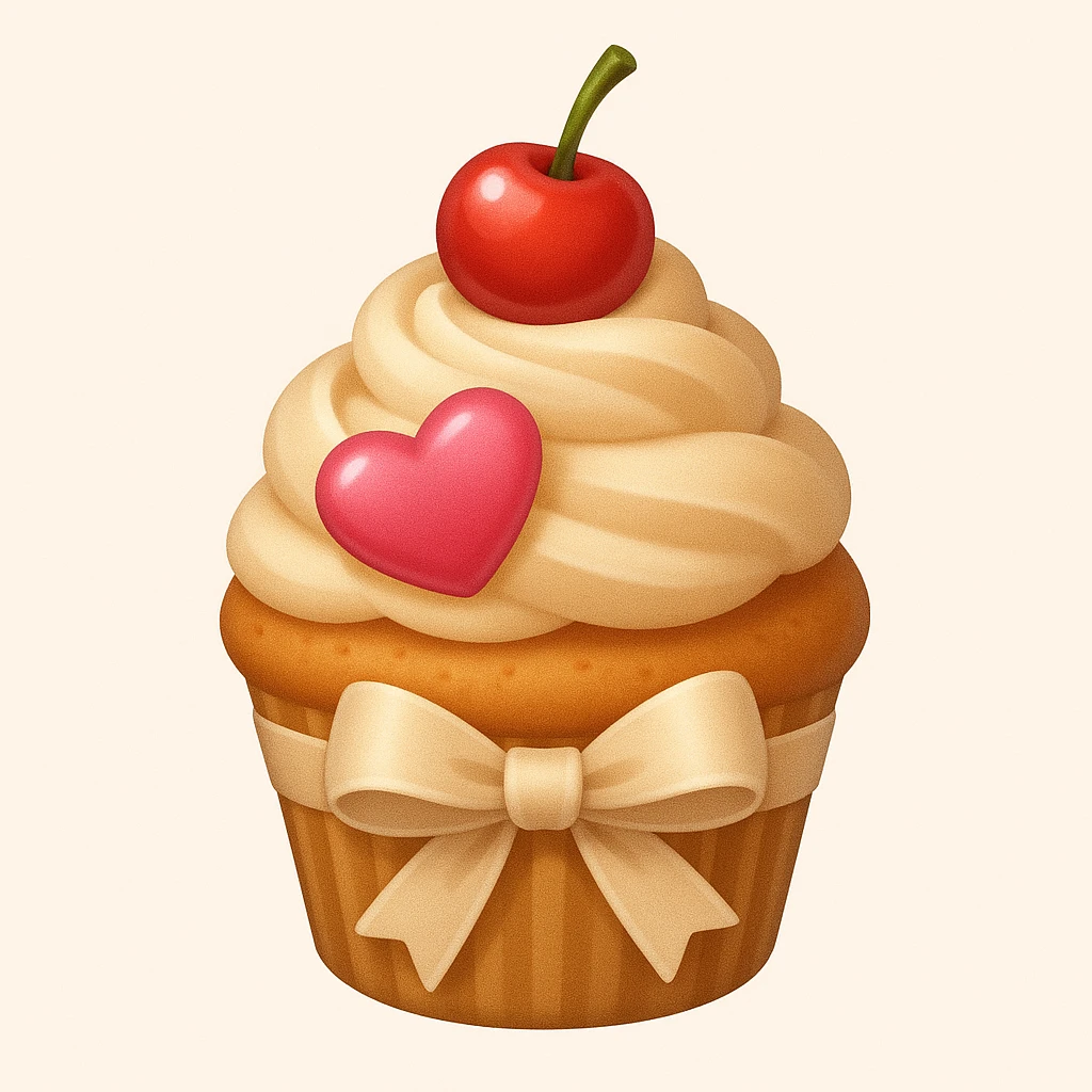 Add a beige ribbon and a heart-shaped candy to the cupcake with beige frosting and a cherry on top in emoji style. emoji