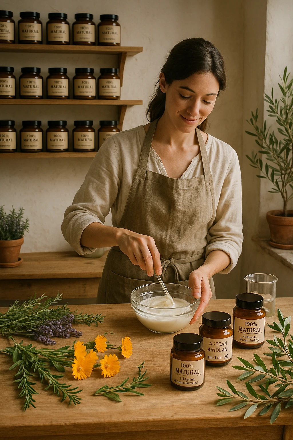 A realistic, high-quality photo of a small artisan skincare laboratory in Italy, with wooden shelves displaying beautifully packaged glass jars of natural creams made with herbal and botanical extracts, olive oil, and essential oils, clearly labeled ‘100% Natural’ and ‘Artisan Made in Italy’. The scene includes a bright, sunlit rustic workspace with plants, fresh lavender, rosemary, calendula flowers, and olive branches on the wooden counter, symbolizing purity and nature. A female artisan in a linen apron is carefully mixing creams in a glass bowl, smiling softly. The environment feels warm, authentic, and eco-friendly, emphasizing the concept of handcrafted skincare without synthetic chemicals in italiano emoji