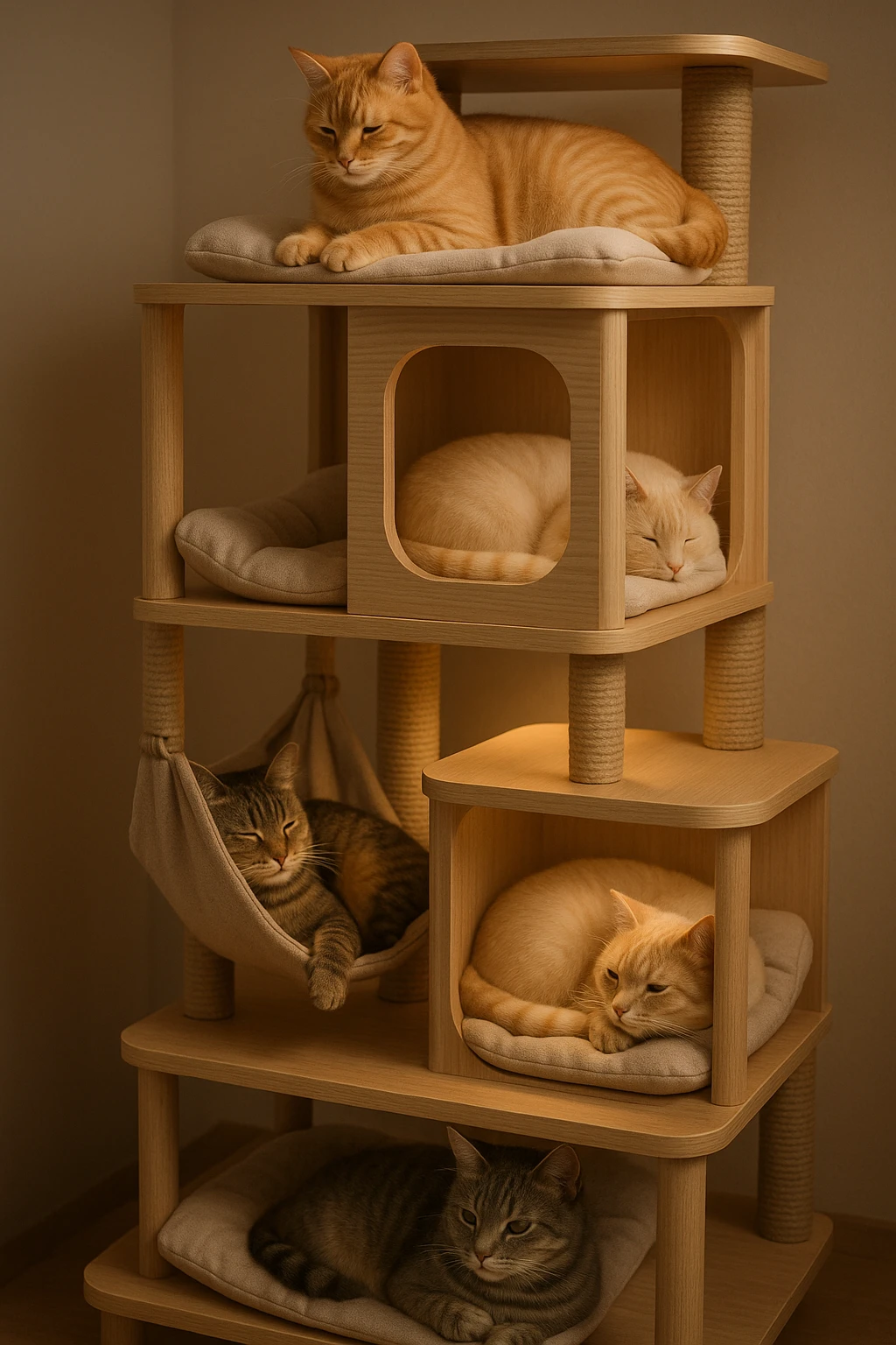 cats relaxing in a vertical playhouse emoji