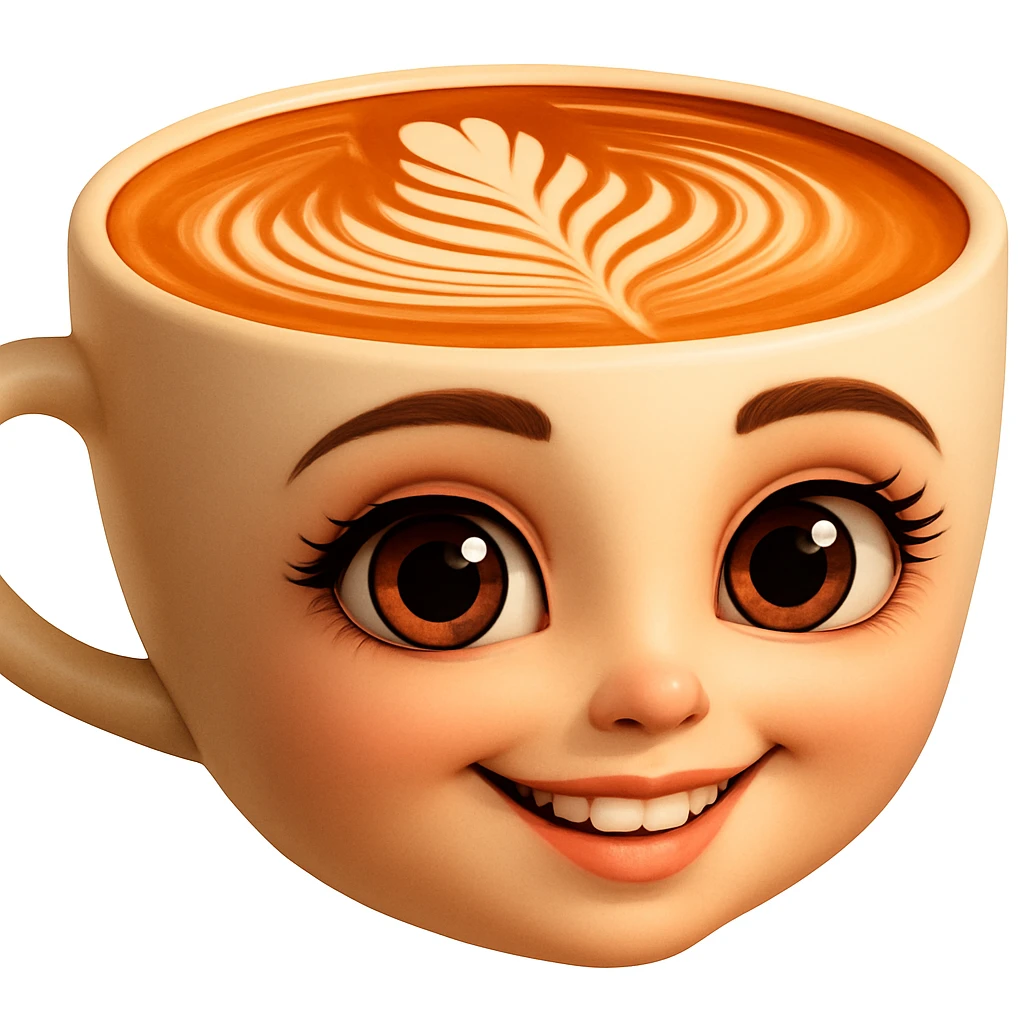 Edita la imagen para que el personaje de la taza de café  MANTENGA exactamente su estilo original,  y colores según la imagen de referencia. ELIMINA FONDO PARA QUE QUEDE TIPO EMOJI NO DBE TENER CUELLO. emoji