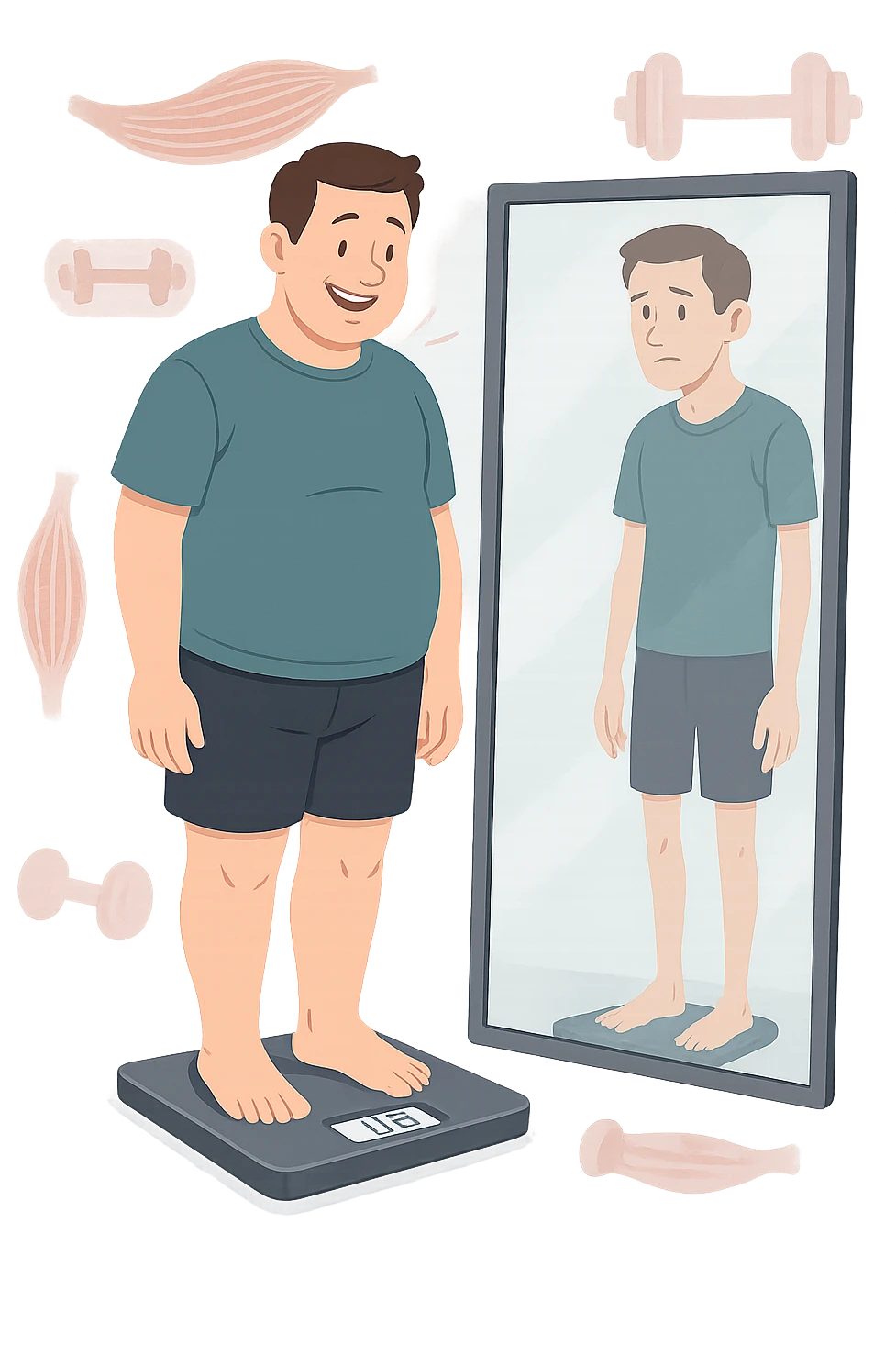 a man stands on a scale, smiling at the lower number, but his reflection in a nearby mirror shows a thinner, but also visibly weaker and less muscular body. Around him, floating icons or faded images of muscle fibers and dumbbells highlight the overlooked loss of muscle mass. The mood is cautionary and educational. in italiano emoji