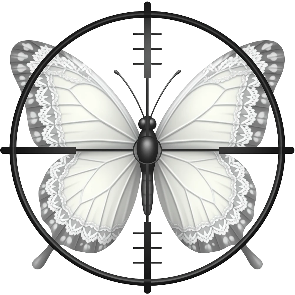 subtle elegant white butterfly, 3D emoji gothic butterfly, white velvet, white filigree, white lace trim, medium black sniper crosshair overlay emoji