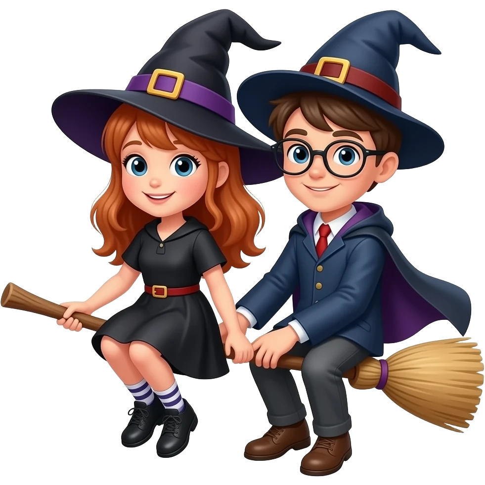 A young witch and a young wizard on a broom together emoji