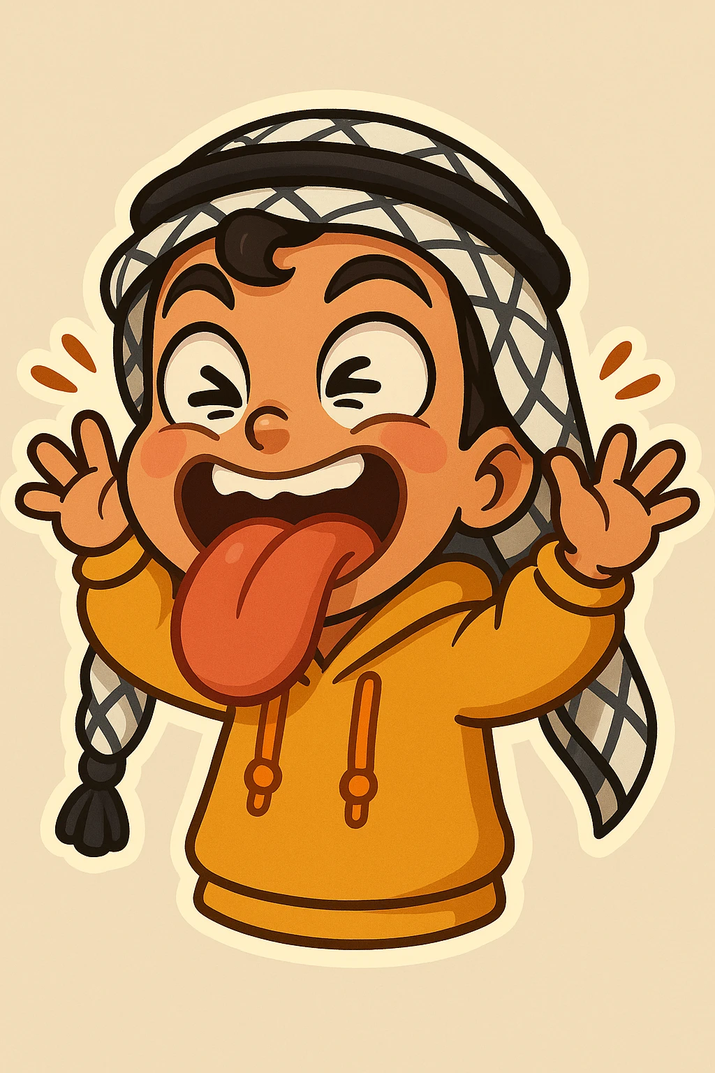 Make Ara's crazy face with tongue out sticker even more exaggerated with tongue sticking out farther, eyes crossed, cheeks puffed, hands waving wildly, cartoonish, vibrant, bold, extremely expressive style. emoji
