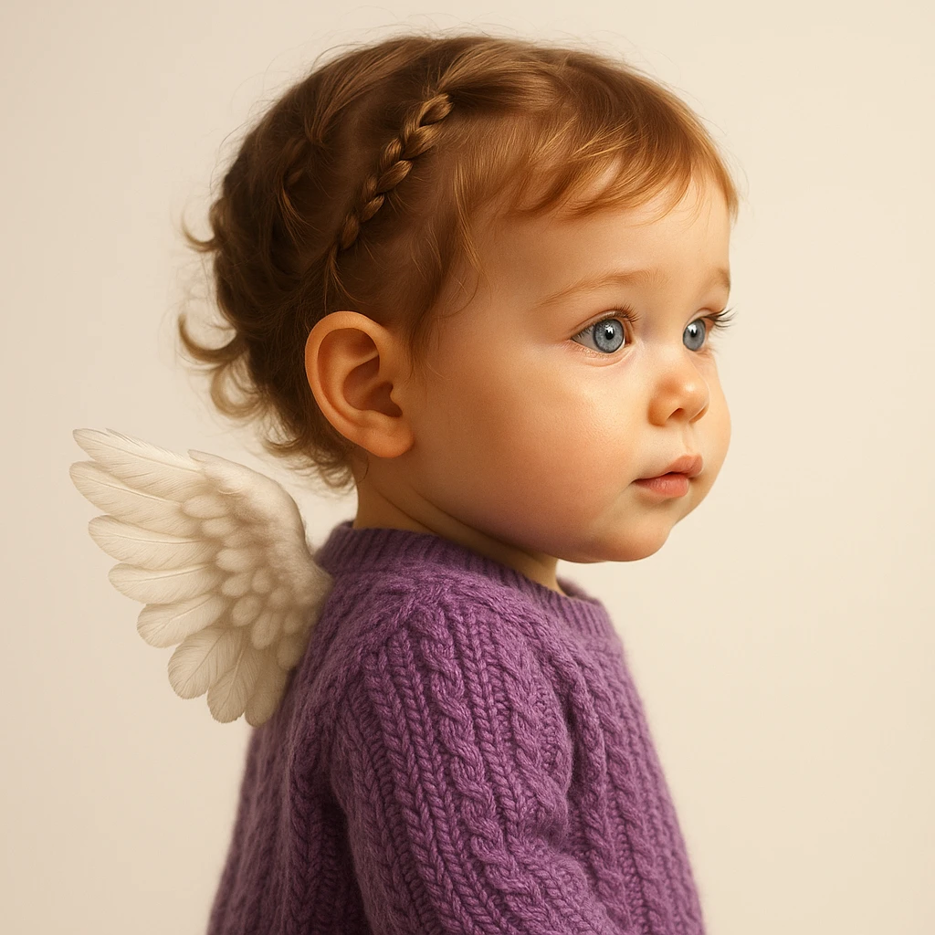 3D realistic game concept art of a cute baby girl, golden brown hair in little braids, charming blue eyes, wearing a cute purple knit sweater, with angel wings on her back, side view, clean background, high-end, creative, minimalist emoji
