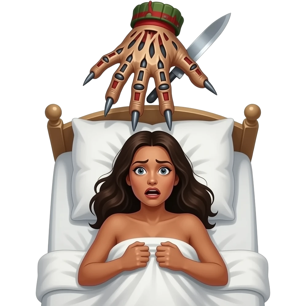 top view of a deeply tanned naked woman lying in bed clutching the bed sheets looking at the camera and is terrified by a dream of a giant freddy krueger's glove with knives fingertips reaching out above her head emoji