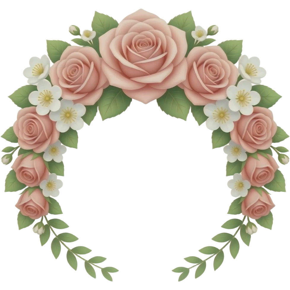A dainty flower crown made of blush roses, white blossoms, and soft green leaves, looking romantic and graceful. emoji