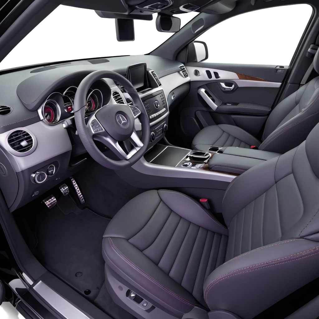 3D style image of the interior of a 2015 Mercedes Benz ML350, black leather seats, dashboard and steering wheel, luxury SUV details, panoramic sunroof view emoji