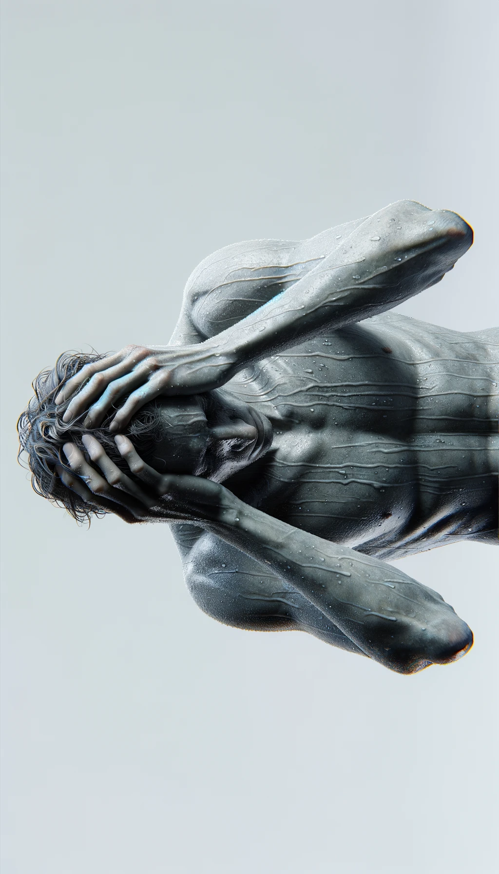 CORPO UMANO ANATOMICO REALISTICO DISPERATO, SI TIENE LE MANI SULLA FRONTE E NON SA COSA FARE, SUDATO, IPERREALISTICO 4K, SFONDO BIANCO emoji