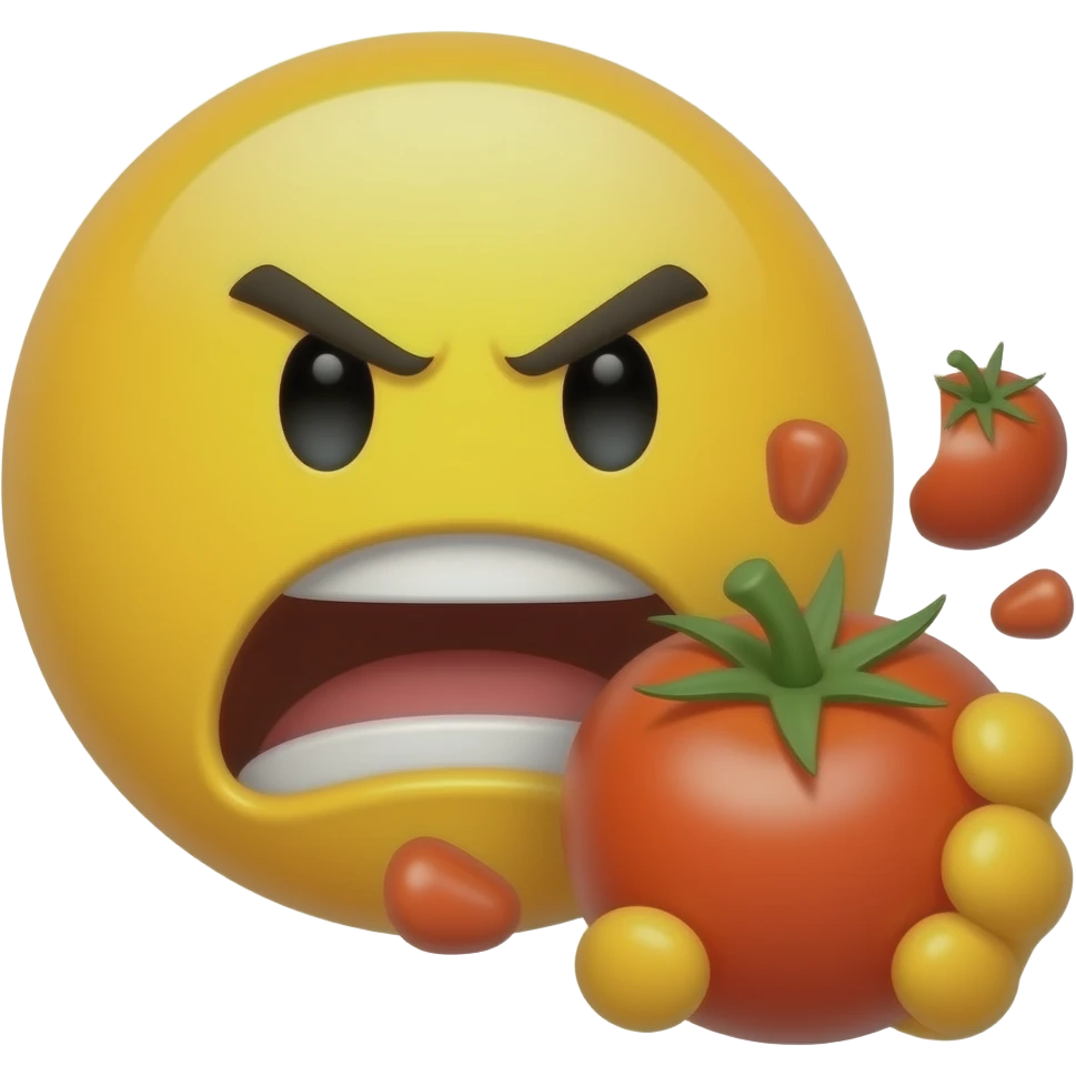 Angry yellow smiley throwing tomatoes at you like they're booing you emoji