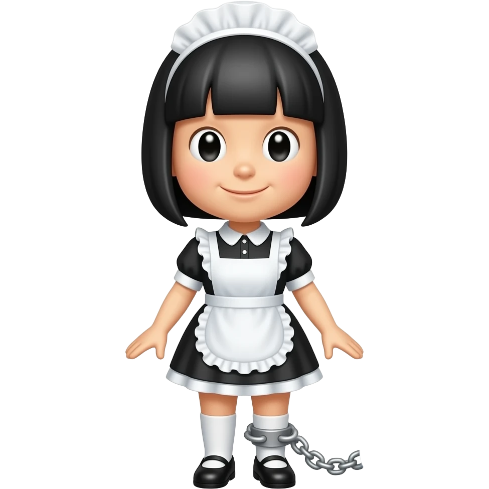 female emoji, black short hair ball & chain attached to leg, maid outfit emoji