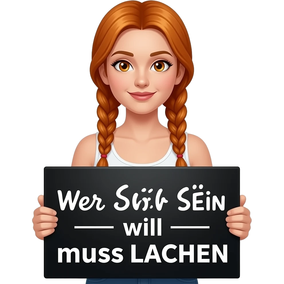 sexy girl with long ginger braids and ginger eyes wearing a white tanktop is holding a big black sign with Wer SCHÖN SEIN will muss LACHEN written on it emoji