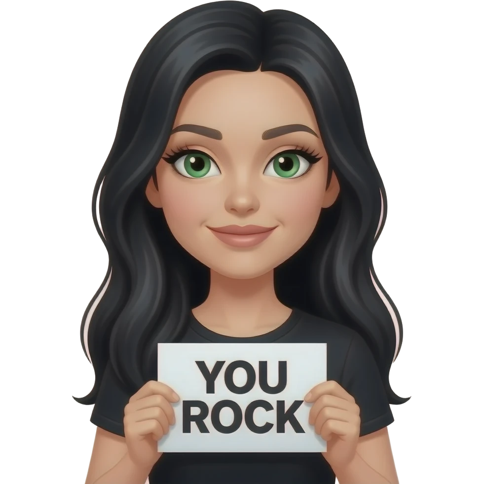 A beautiful woman with long jet black hair green eyes with black eyeliner very very long eyelashes and she has pale skin and wearing a black tshirt and holding a sign saying “YOU ROCK” emoji