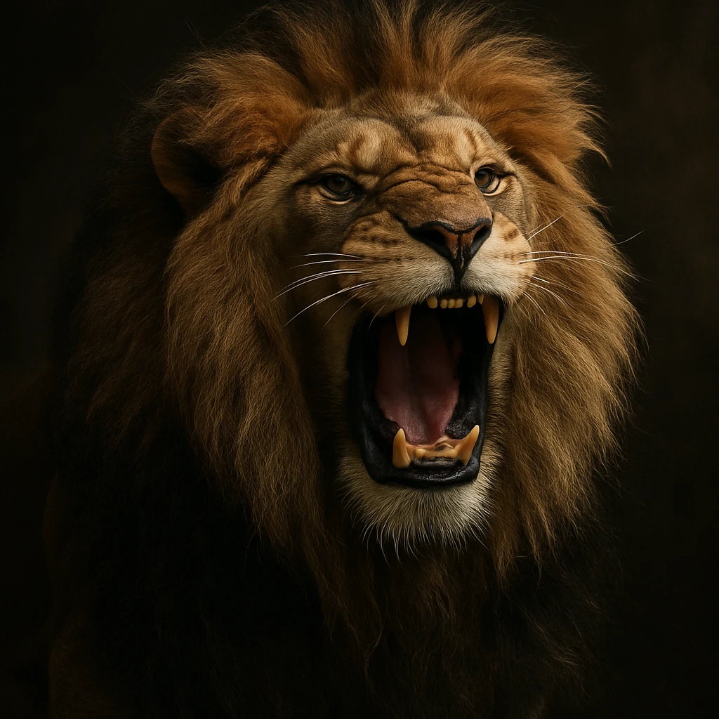 a big, fierce male lion, roaring, hyper-realistic, dramatic lighting, detailed fur emoji