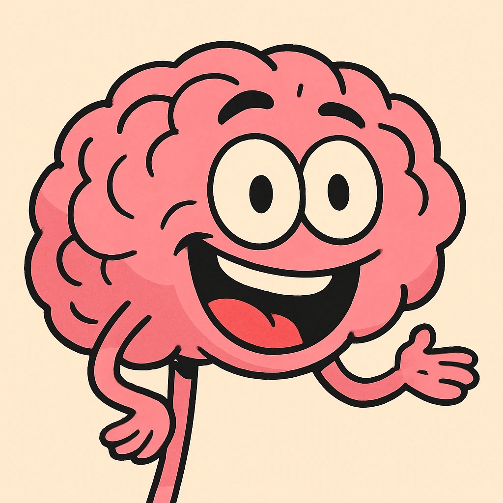 cartoon brain with a big smile, bright pink, simple style emoji