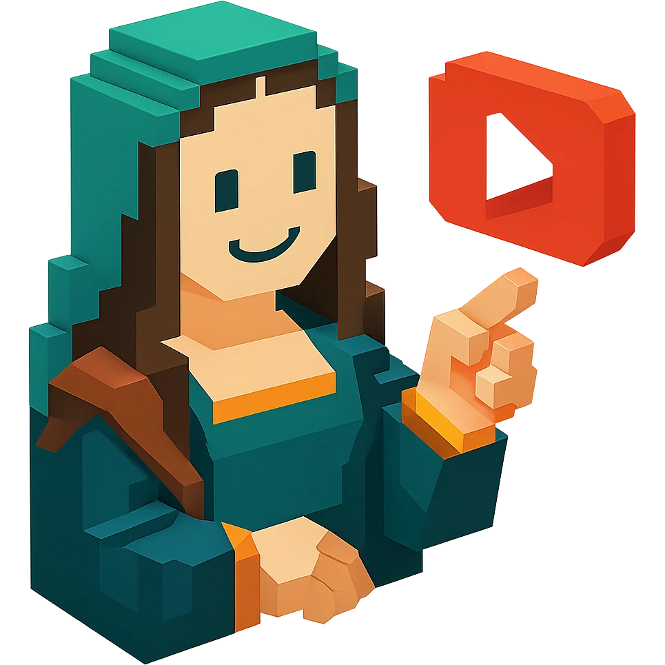 voxel-style Mona Lisa smiling and pointing at a floating YouTube play button, isometric view emoji