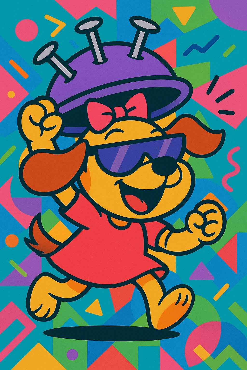 Add a vibrant, colorful background behind the cartoon puppy girl lifting a nail hat, wearing half purple sunglasses, cheerful and energetic. Keep the fun, expressive cartoon style. emoji