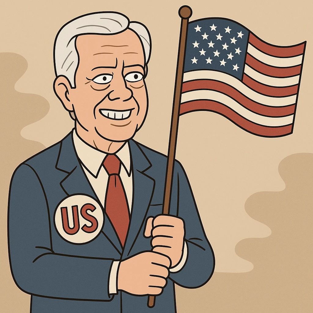 US President Carter  wearing a blue suit with a large US badge on his chest holding an American Flag emoji