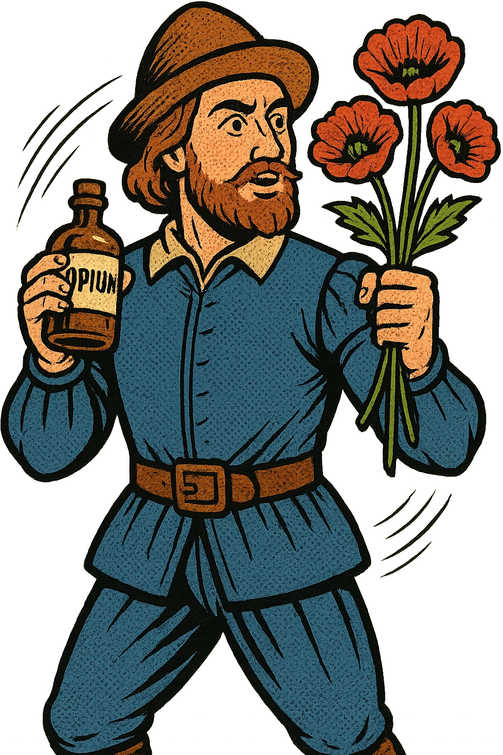 the full body of a tudor explorer sailor holding poppies and an old medicine bottle with the word opium on it emoji