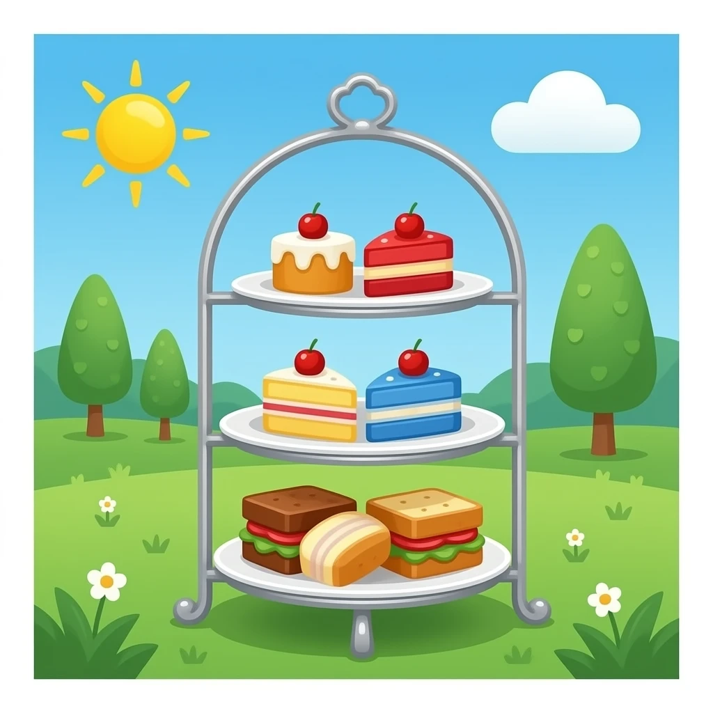 Elegant afternoon tea stand with cakes and sandwiches in red, blue, and white emoji