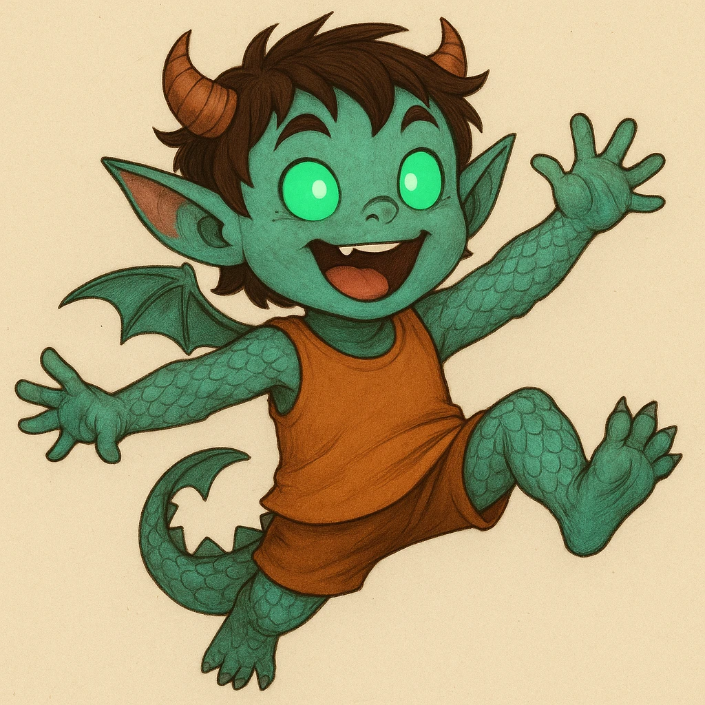 Give the kid a playful, energetic pose while keeping the blend of 60% dragon (scales, tail, tiny wings), 20% demon (small horns, pointed ears), and 20% alien (glowing eyes, odd skin tone). emoji