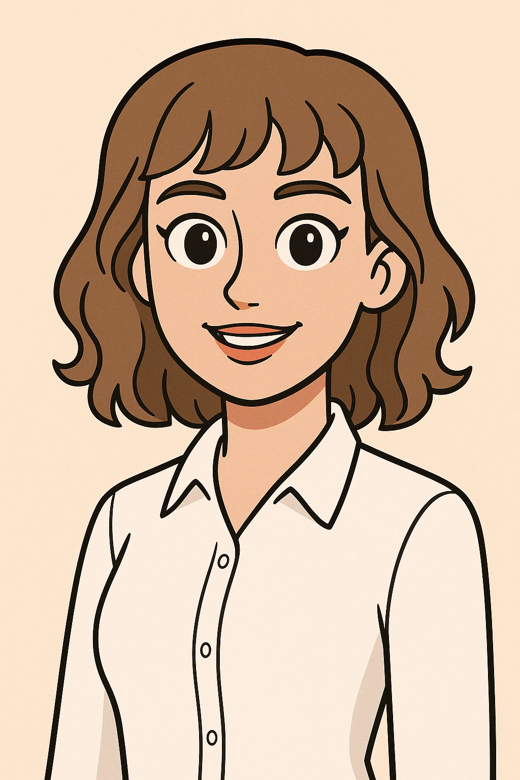 cartoonish AI avatar of a young woman, age 22, brown eyes, light brown shoulder-length hair with gentle curls and bangs, light makeup, in a white dress shirt emoji