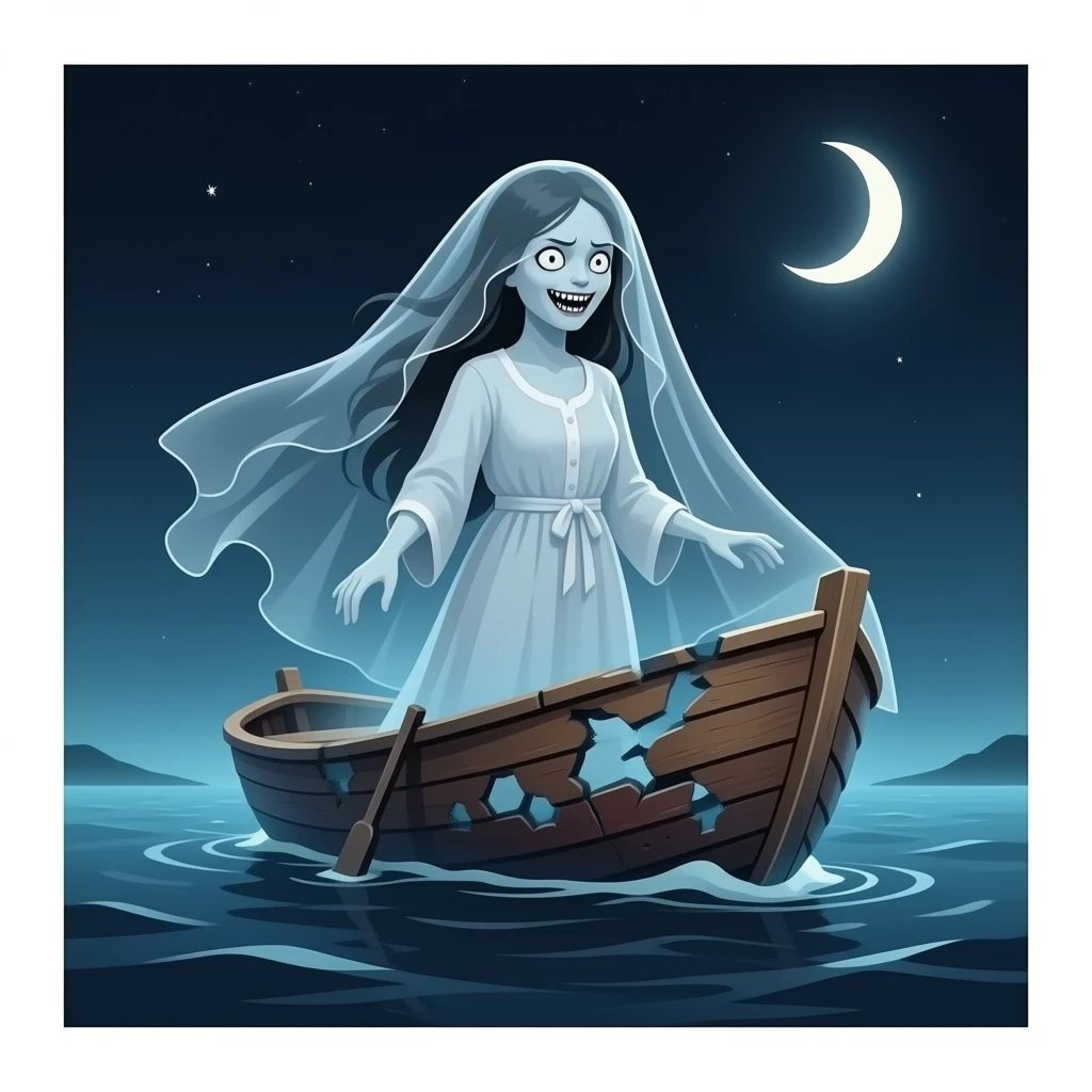 cinematic  - a broken boat with a terrifying female apparition around which a transparent veil flutters hovers emoji