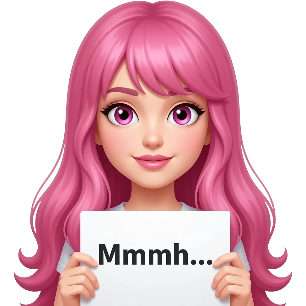 sexy girl with long pink hair and pink eyes holding a Mmmh.... sign emoji