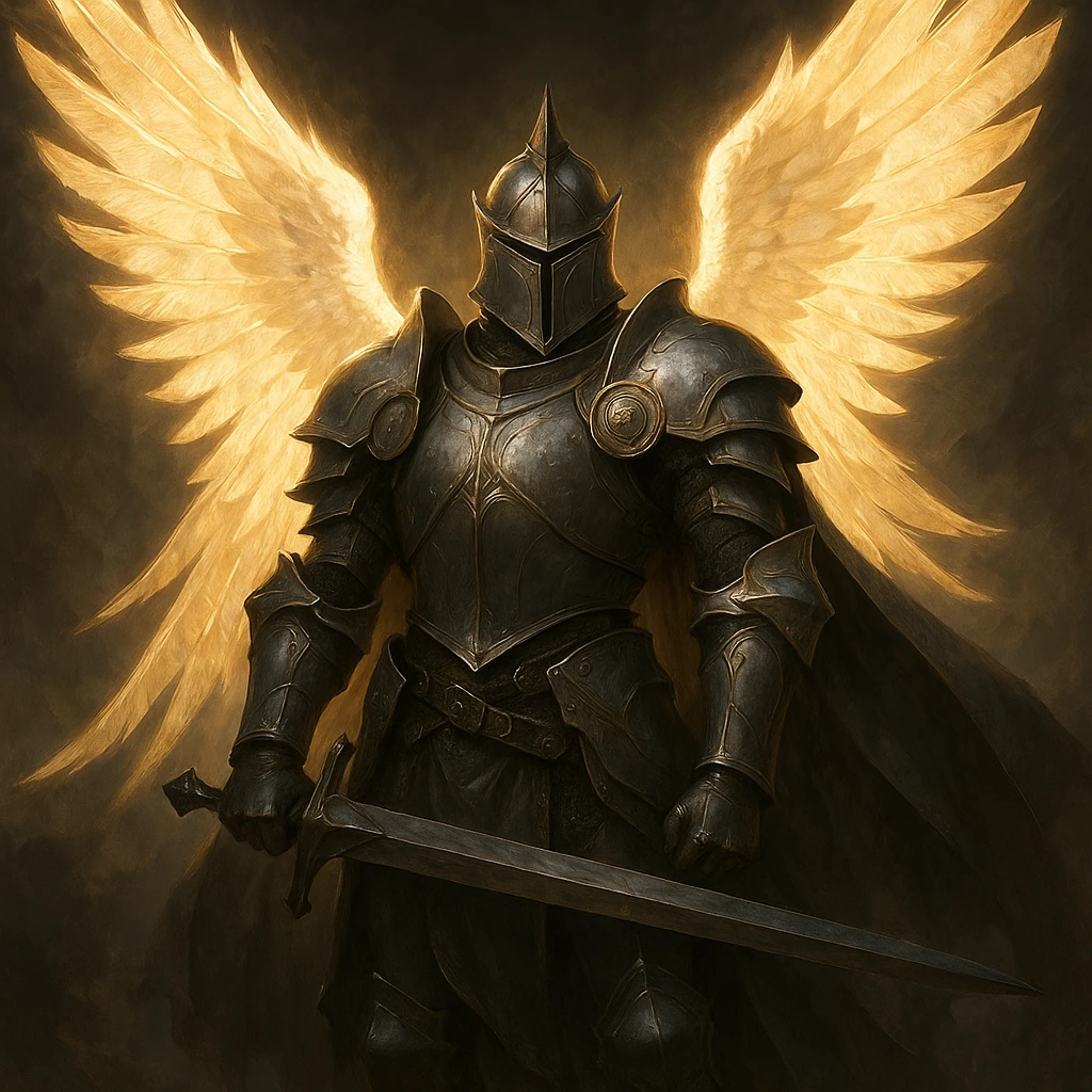 an angel knight in full armor with glowing wings, fantasy style, dramatic lighting emoji