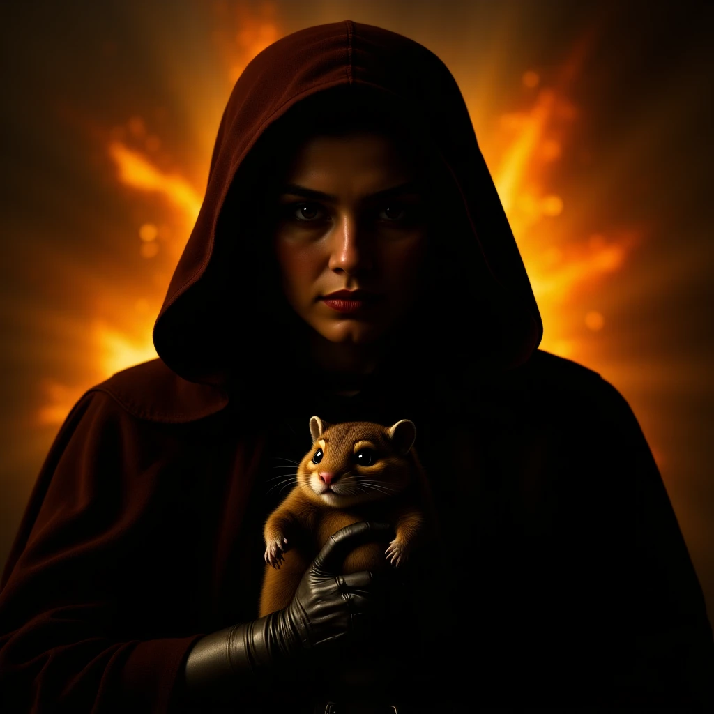 Cinematic still, Extreme Closeup Photo of a darth vader holding big hamster, low key light, explosion startship background with leading lines, back light, spot light emoji