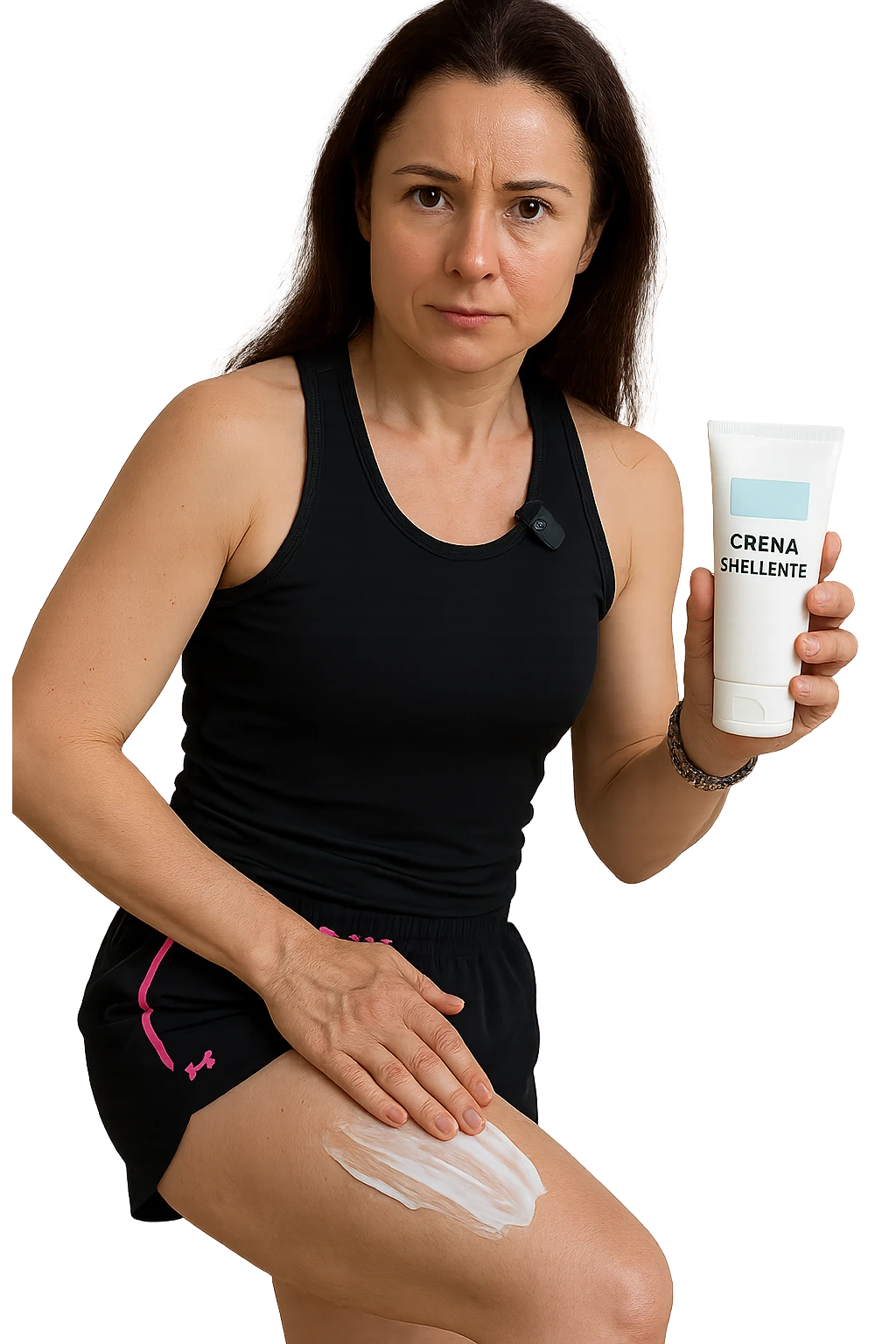 Donna con cellulite sulle cosce che usa una crema chiamata "Crema snellente" emoji