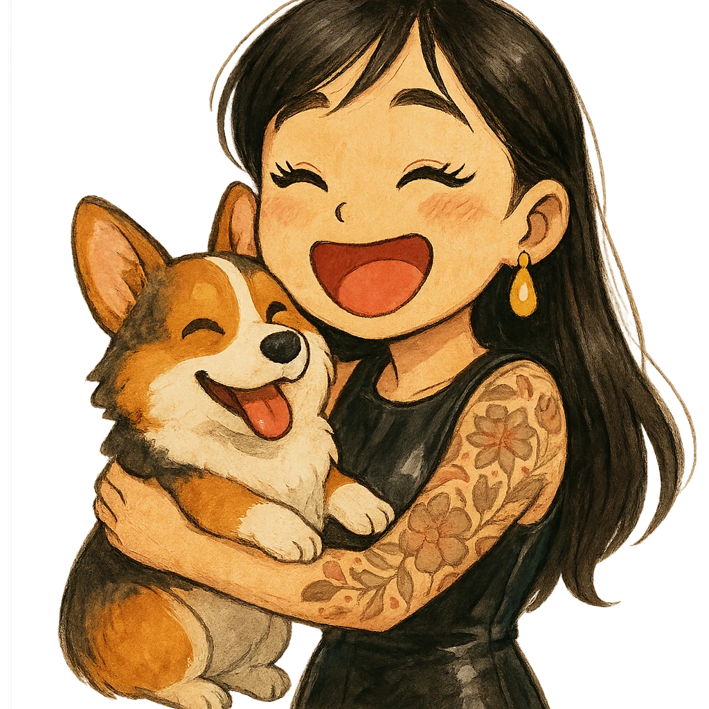 expressive emoji of an Asian girl wearing a black sleeveless leather dress with gold earrings, long hair with wispy deep side-parted bangs, false lashes, and a 3/4th sleeve tattoo on her left arm, hugging a happy tri-color Corgi, in Ghibli style emoji