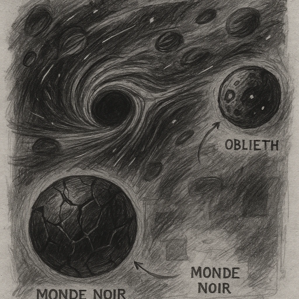hand drawn map of dark back ward -“A dark cosmic region orbiting a massive black hole. No sunlight. A dead solar system with twisted planets and moons circling in silence. Monde Noir looms in the foreground — a cracked, obsidian planet with no atmosphere. Its moon, Oblieth, floats nearby, scarred and pitted, with faint green lights glowing from within cave openings. Stars are distorted and streaked by gravitational lensing. The entire scene is heavy, quiet, and surreal.” emoji