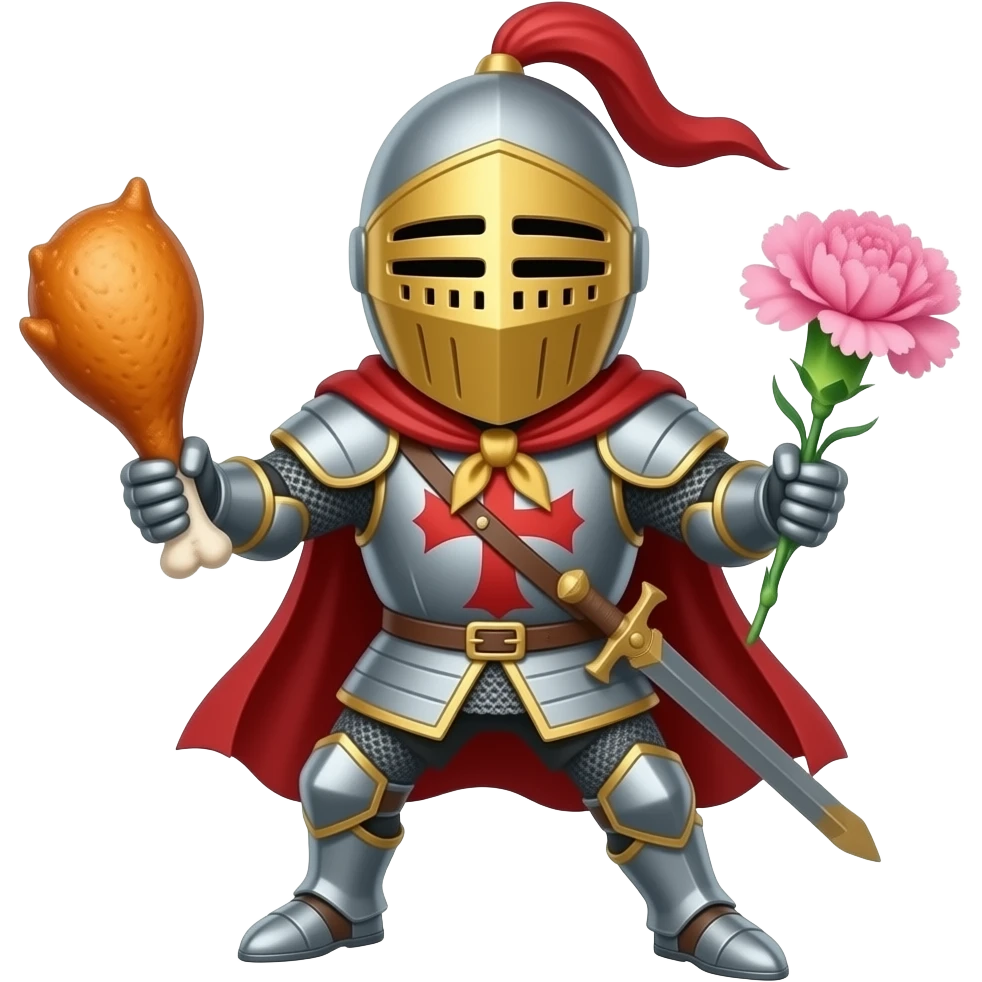 a yellow medieval knight holding a chicken leg and a pink carnation emoji