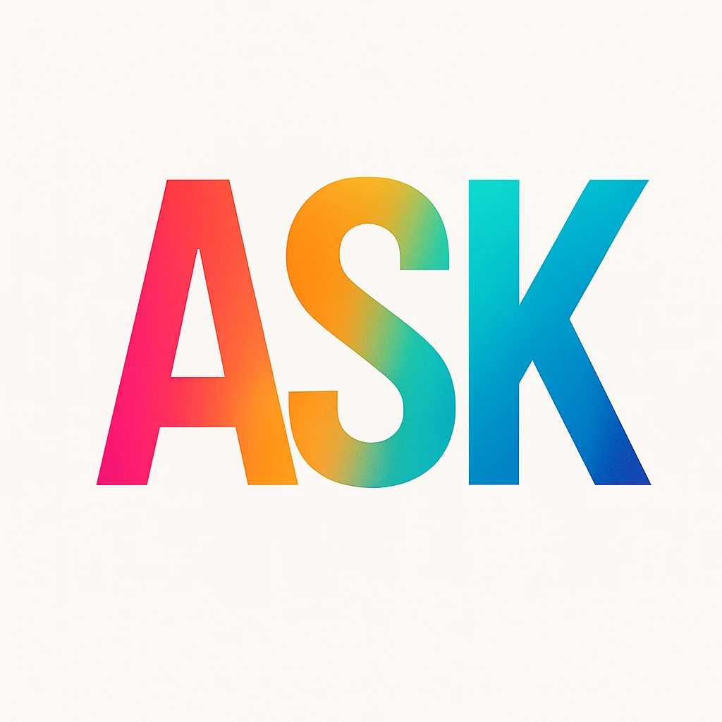ASK text in modern typography with vibrant colors and minimal background emoji