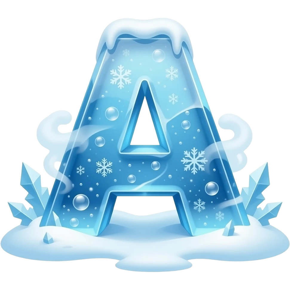A letter 'A' carved out of ancient, translucent blue glacier ice. Trapped air bubbles and tiny snowflakes visible inside, surrounded by a swirling cold mist and sparkling frost crystals. Sharp edges, 3D render, wintry atmosphere emoji