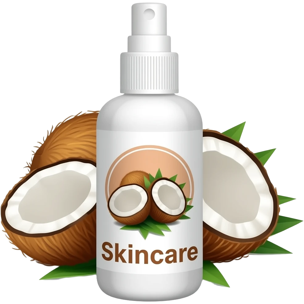 Spray frasco branco para cuidados com a pele com uma estampa com um 🥥 e escrito: Skincare emoji